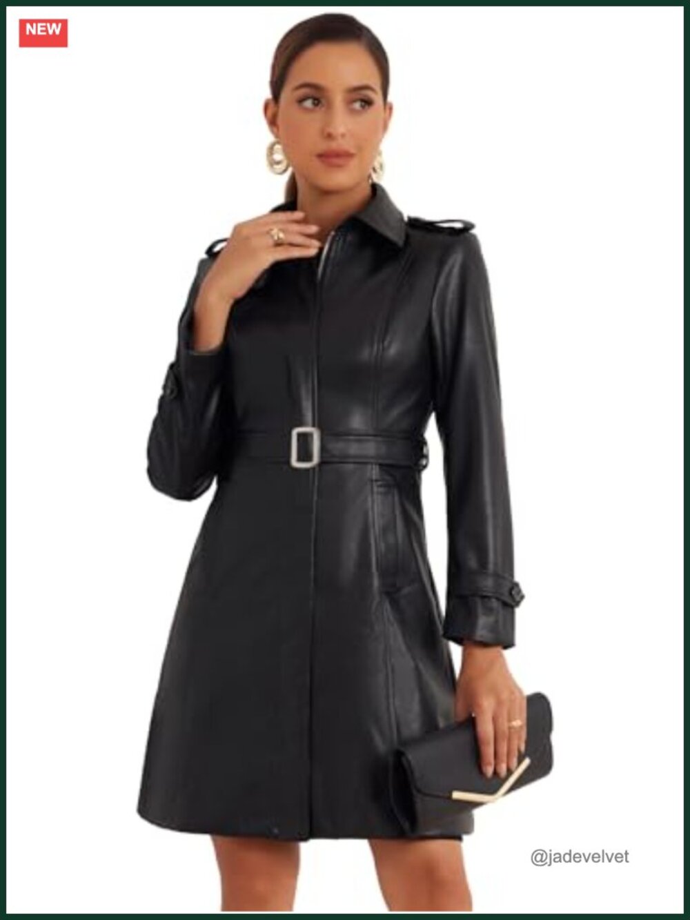 Faux Leather Trench Coat Zip Front Belted Lapel Fall Winter Jacket